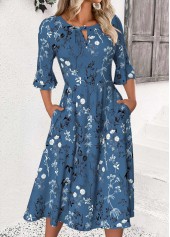 Peacock Blue Floral Print 3/4 Sleeve Round Neck Dress | thumb picture 