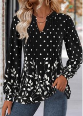 Black Leaf Print Long Sleeve Split Neck Blouse