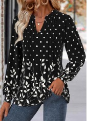 Black Leaf Print Long Sleeve Split Neck Blouse | thumb picture 
