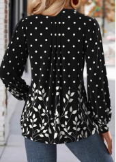 Black Leaf Print Long Sleeve Split Neck Blouse | thumb picture 