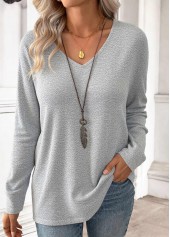 Light Grey Long Sleeve V Neck T Shirt