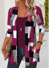 Dark Reddish Purple Geometric Print Long Sleeve Light Cardigan | thumb picture 