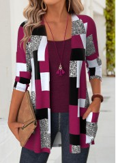 Dark Reddish Purple Geometric Print Long Sleeve Light Cardigan