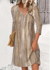 Light Coffee Short 3/4 Sleeve Split Neck Dress