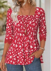 Red Ditsy Floral Print Long Sleeve Square Neck Blouse