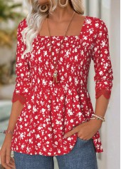 Red Ditsy Floral Print Long Sleeve Square Neck Blouse | thumb picture 