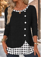 Black Plaid Long Sleeve Round Neck T Shirt