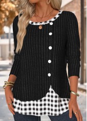 Black Plaid Long Sleeve Round Neck T Shirt | thumb picture 