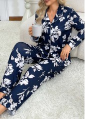 Navy Floral Print Long Sleeve Lounge Top and Pants