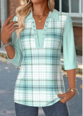Mint Green Plaid 3/4 Sleeve T Shirt