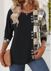 Black Geometric Print Long Sleeve Round Neck T Shirt