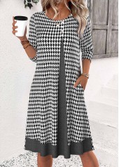 Black Plaid 3/4 Sleeve Round Neck Dress