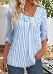 Blue Striped 3/4 Sleeve Asymmetrical Neck Blouse