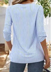 Blue Striped 3/4 Sleeve Asymmetrical Neck Blouse | thumb picture 