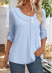 Blue Striped 3/4 Sleeve Asymmetrical Neck Blouse | thumb picture 