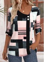 Pink Geometric Print 3/4 Sleeve Asymmetrical Neck Blouse