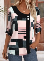 Pink Geometric Print 3/4 Sleeve Asymmetrical Neck Blouse | thumb picture 