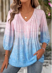 Multi Color Ombre 3/4 Sleeve V Neck Blouse