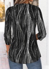 Black Geometric Print 3/4 Sleeve Split Neck Blouse | thumb picture 