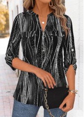 Black Geometric Print 3/4 Sleeve Split Neck Blouse