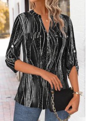Black Geometric Print 3/4 Sleeve Split Neck Blouse | thumb picture 