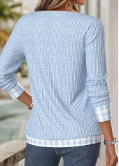 Light Blue Plaid Long Sleeve V Neck T Shirt | thumb picture 