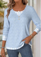 Light Blue Plaid Long Sleeve V Neck T Shirt