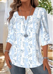 Light Blue Tummy Coverage Leaf Print 3/4 Sleeve Shirt