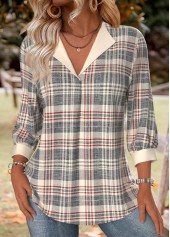 Multi Color Plaid 3/4 Sleeve V Neck Shirt