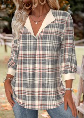 Multi Color Plaid 3/4 Sleeve V Neck Shirt | thumb picture 