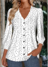 White Polka Dot 3/4 Sleeve V Neck Blouse