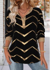 Black Geometric Print Long Sleeve Split Neck Sweatshirt