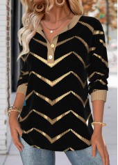 Black Geometric Print Long Sleeve Split Neck Sweatshirt | thumb picture 