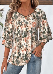 Multi Color Floral Print 3/4 Sleeve T Shirt