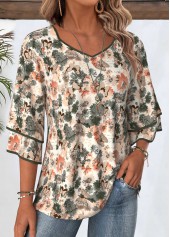 Multi Color Floral Print 3/4 Sleeve T Shirt | thumb picture 