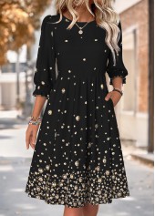 Black Geometric Print 3/4 Sleeve Round Neck Dress