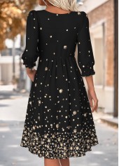 Black Geometric Print 3/4 Sleeve Round Neck Dress | thumb picture 