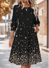 Black Geometric Print 3/4 Sleeve Round Neck Dress | thumb picture 