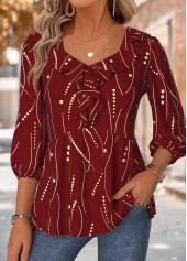 Red Geometric Print 3/4 Sleeve Heart Collar Blouse
