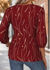 Red Geometric Print 3/4 Sleeve Heart Collar Blouse | thumb picture 