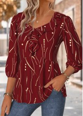 Red Geometric Print 3/4 Sleeve Heart Collar Blouse | thumb picture 