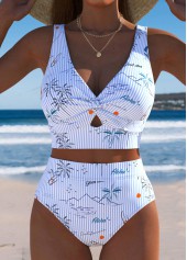 High Waisted Tropical Plants Print Light Blue Bikini Set