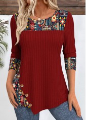 Peacock Blue Tribal Print Round Neck T Shirt