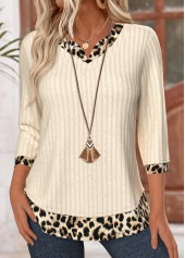 Beige Leopard 3/4 Sleeve V Neck T Shirt