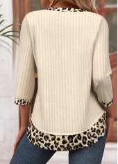 Beige Leopard 3/4 Sleeve V Neck T Shirt | thumb picture 