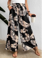 Black Pocket Leaf Print Wide Leg Elastic Waist Pants