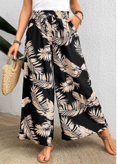 Black Pocket Leaf Print Wide Leg Elastic Waist Pants | thumb picture 