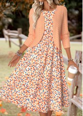 Orange Ditsy Floral Print Long Sleeve Dress and Cardigan