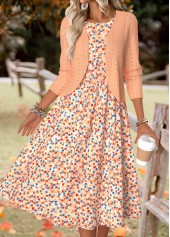 Orange Ditsy Floral Print Long Sleeve Dress and Cardigan | thumb picture 