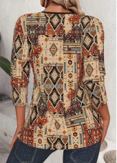 Dark Camel Tribal Print 3/4 Sleeve Split Neck Blouse | thumb picture 